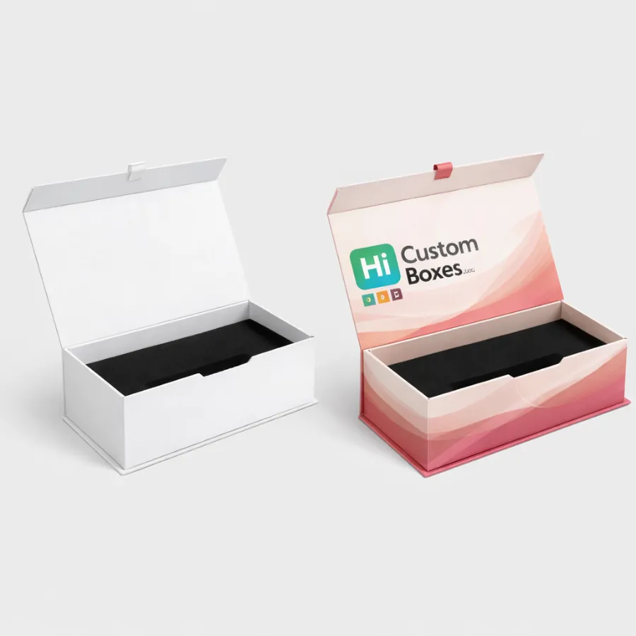 Two premium magnetic gift boxes with foam inserts- featuring a minimalist white and pink wave design- class=